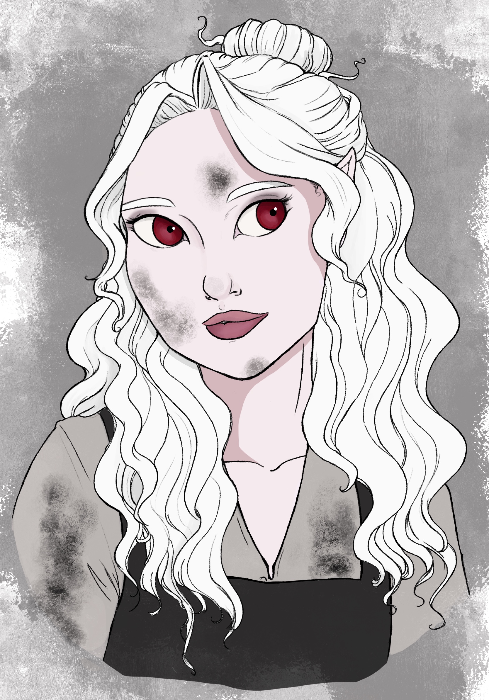 portrait of a small, pale woman with white hair and red eyes with soot on her face