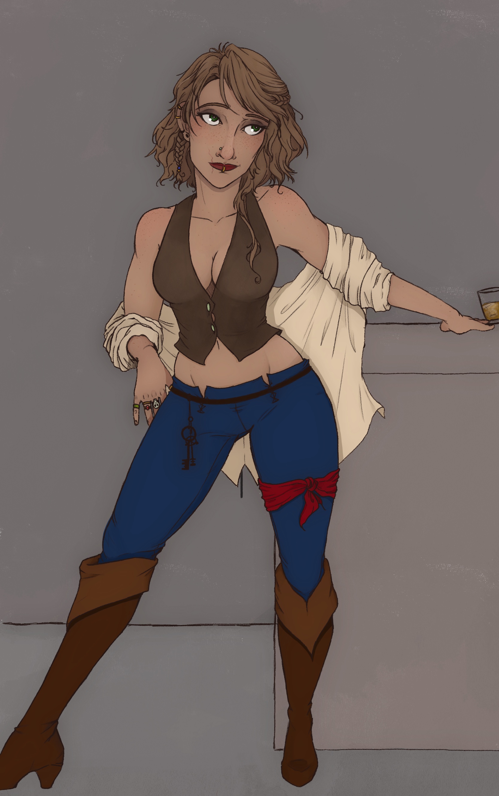 full-body portrait of a young woman wearing tattered, pirate-themed garb