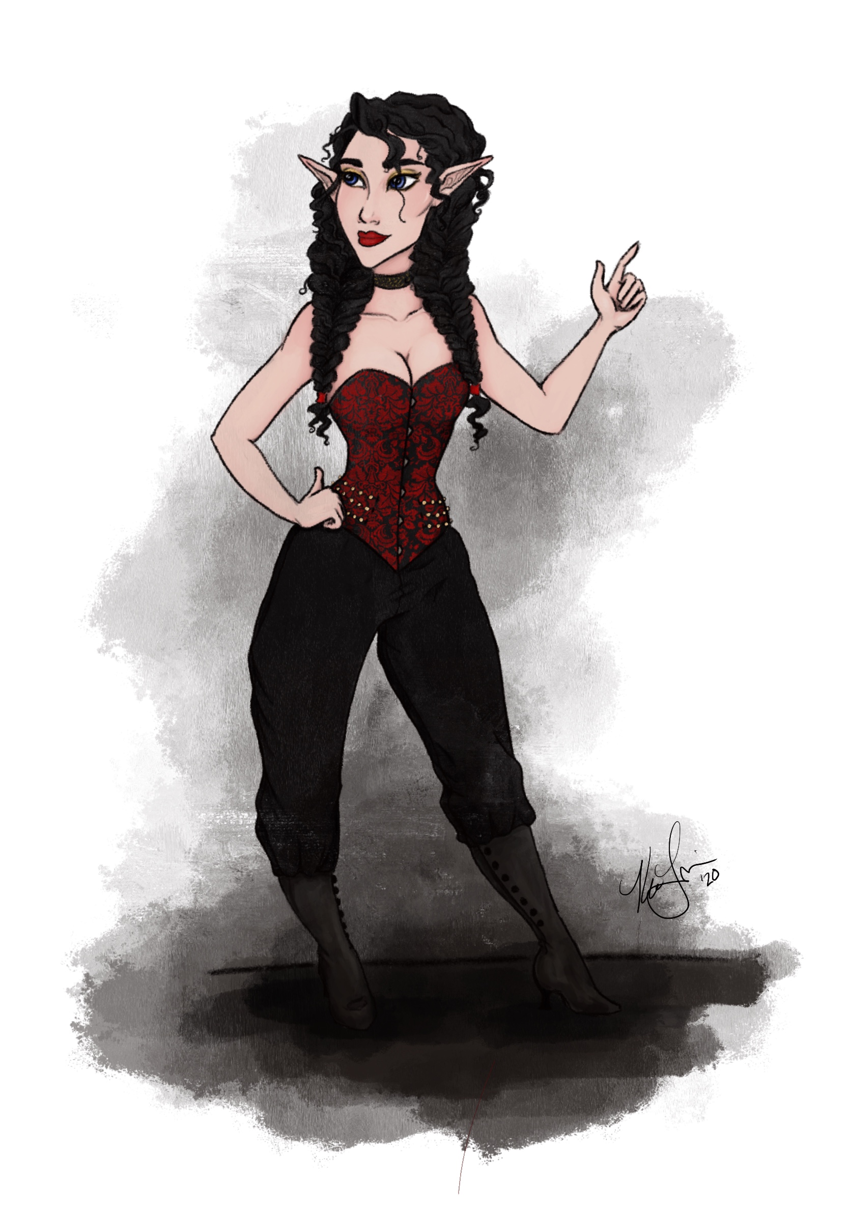 full body portrait of a half-elf woman wearing trousers and a red and black corset