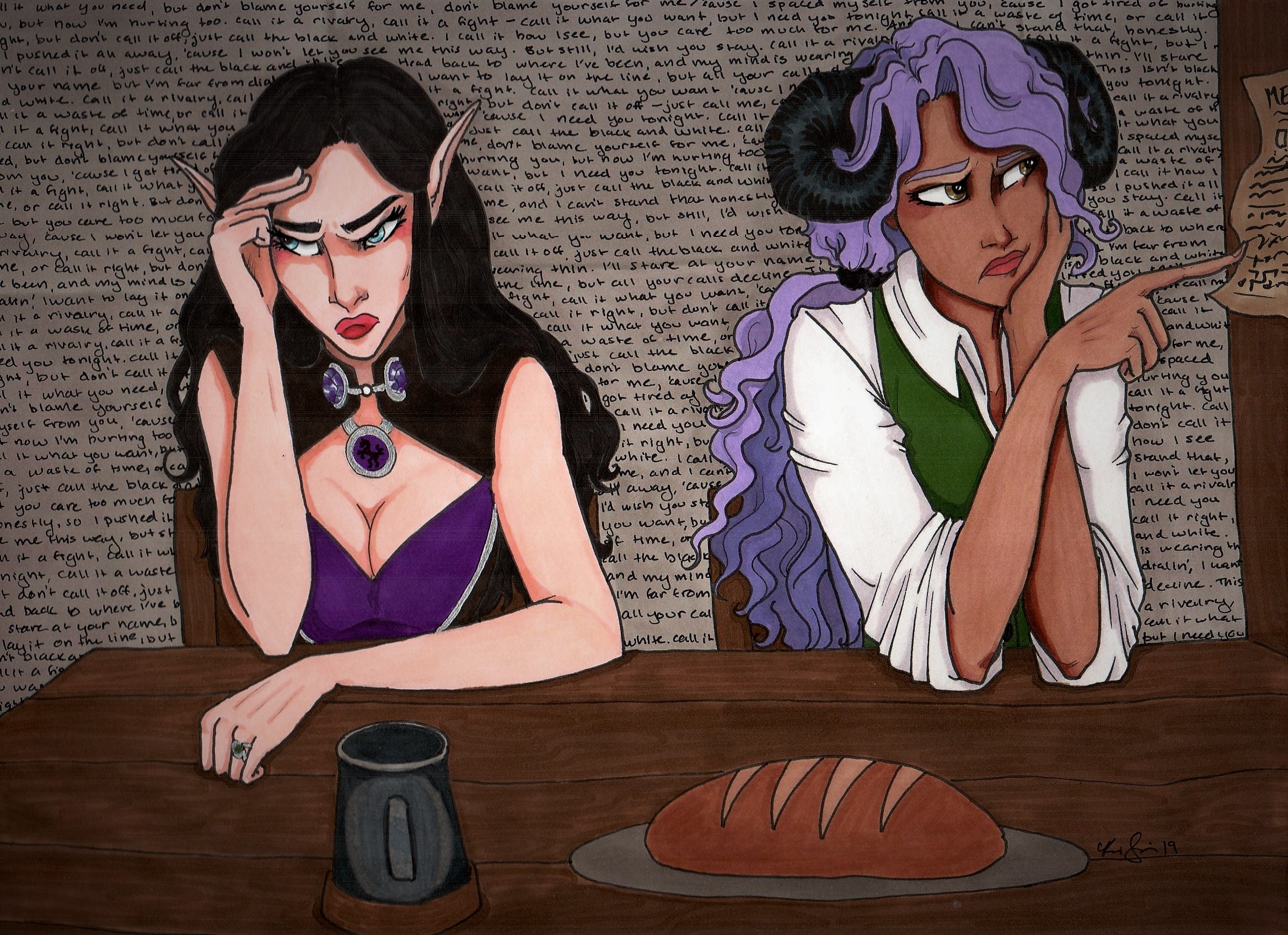 illustration of two people sitting at a table, arguing, one with dark hair and the other with purple hair