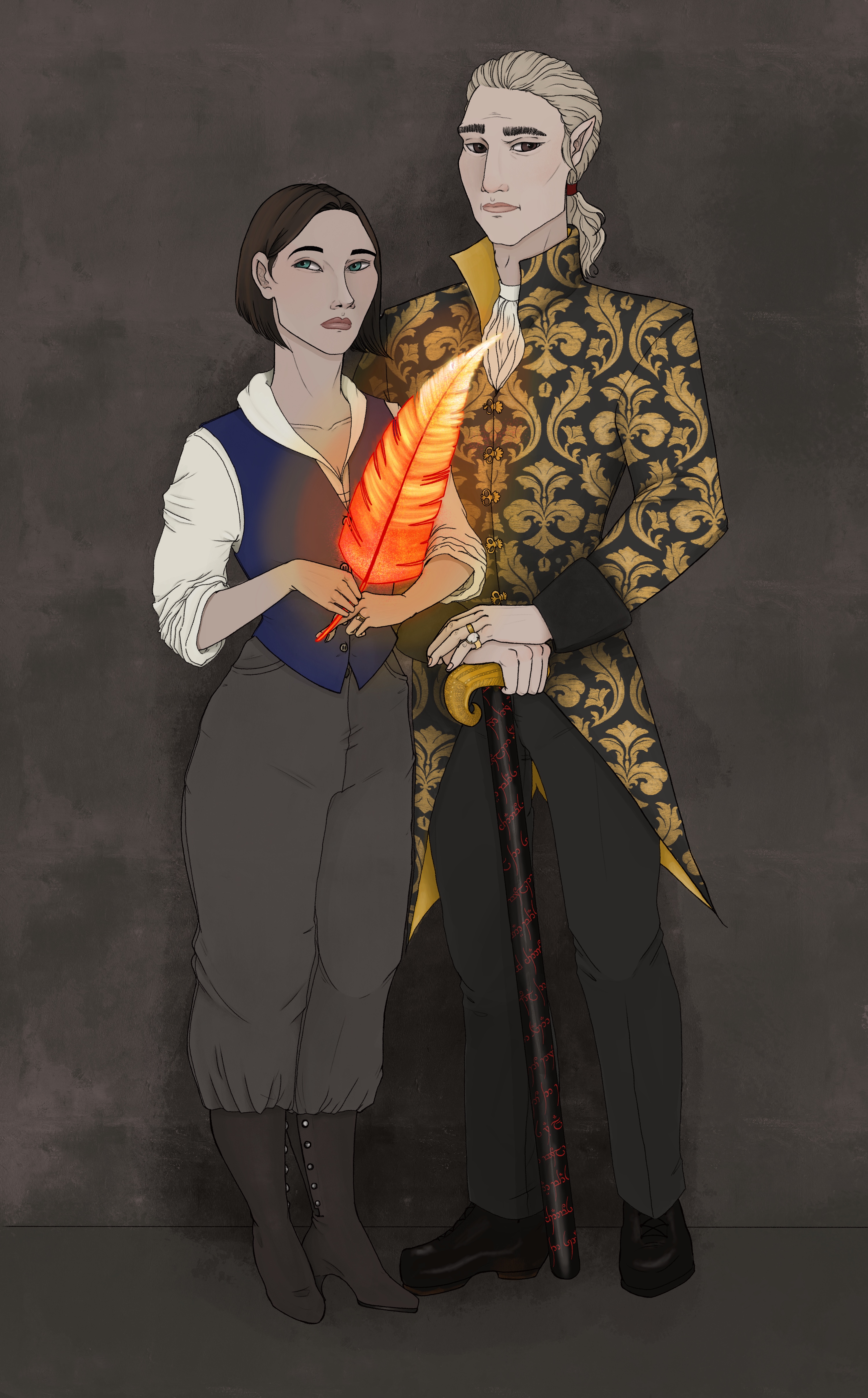 portrait of a man and woman, holding a glowing red and orange feather