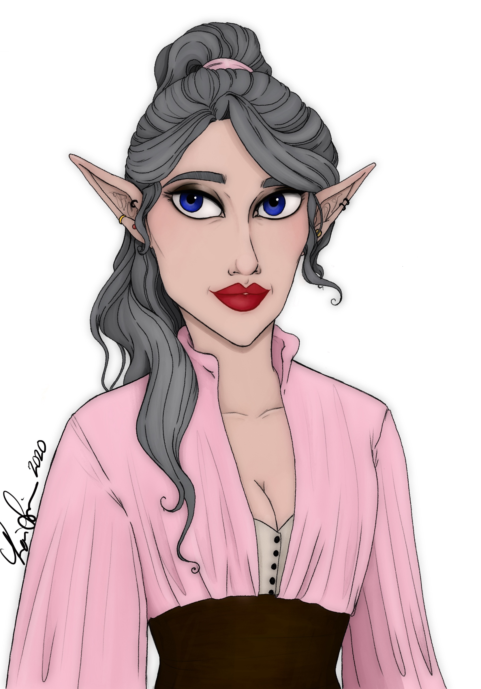portrait of a silver-haired woman with pointed ears, wearing a pink robe