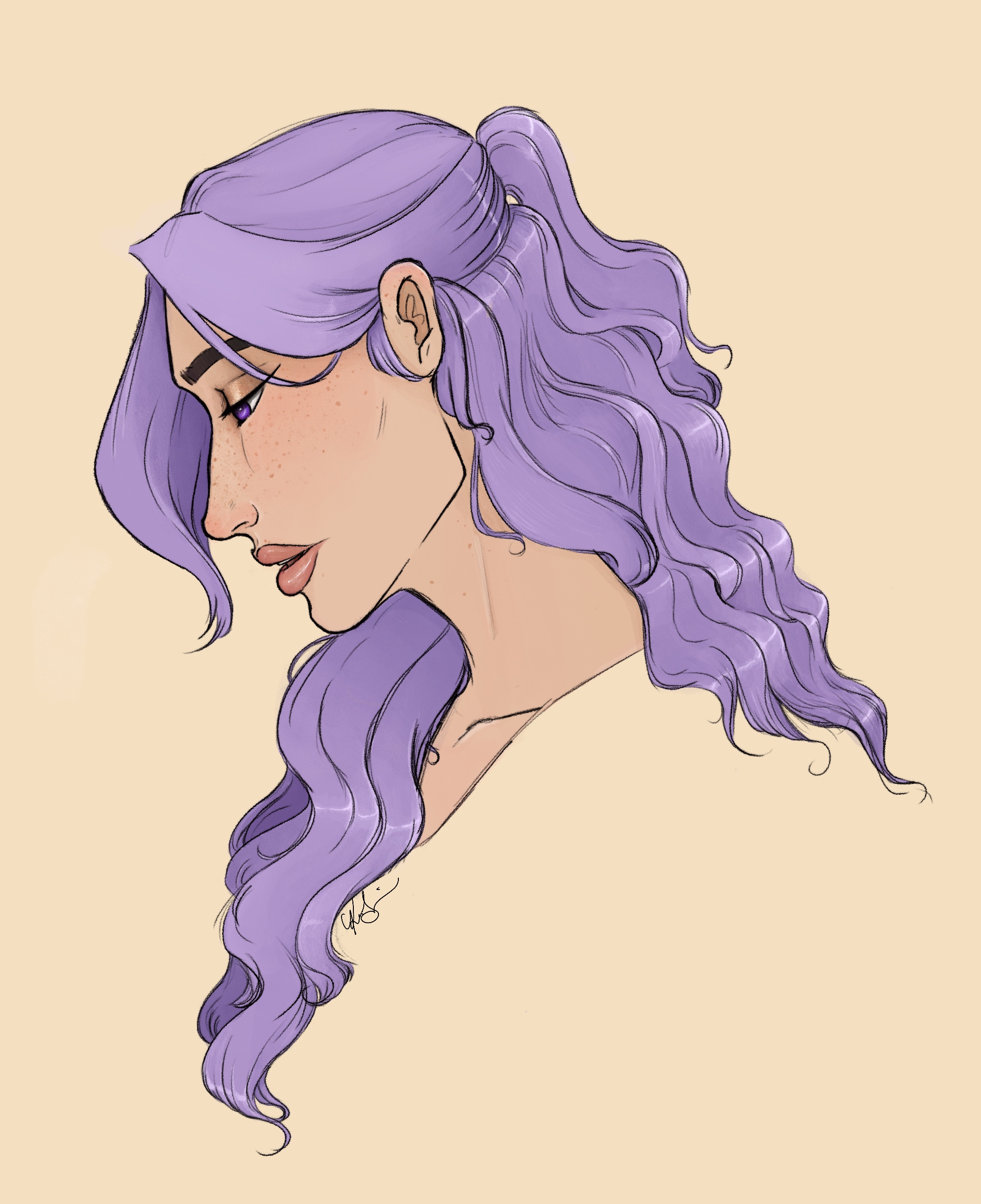 side profile of purple-haired woman; character named Imogen Temult, owned by Laura Bailey of Critical Role