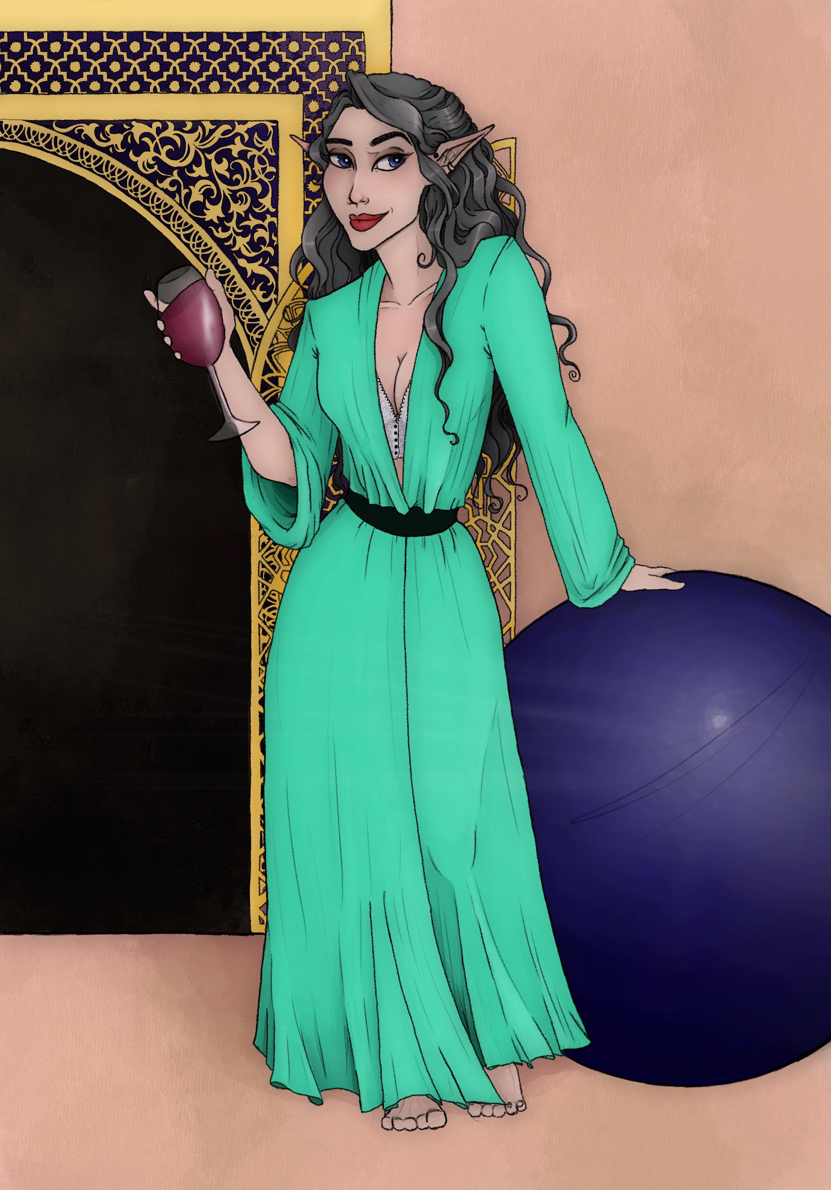 woman wearing a robe and holding a wine of glass in front of an Islamic-inspired building