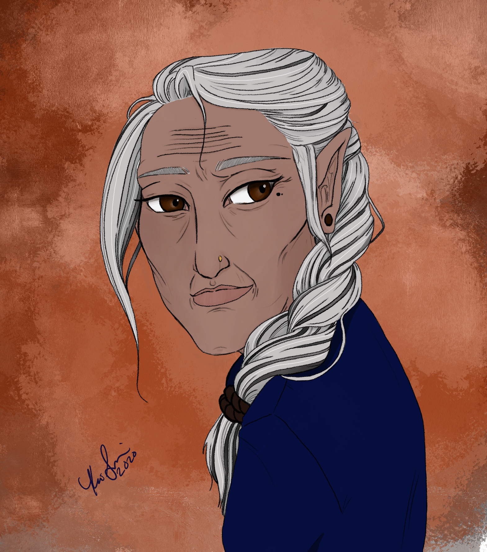 portrait of a tanned, elderly woman on an orange background