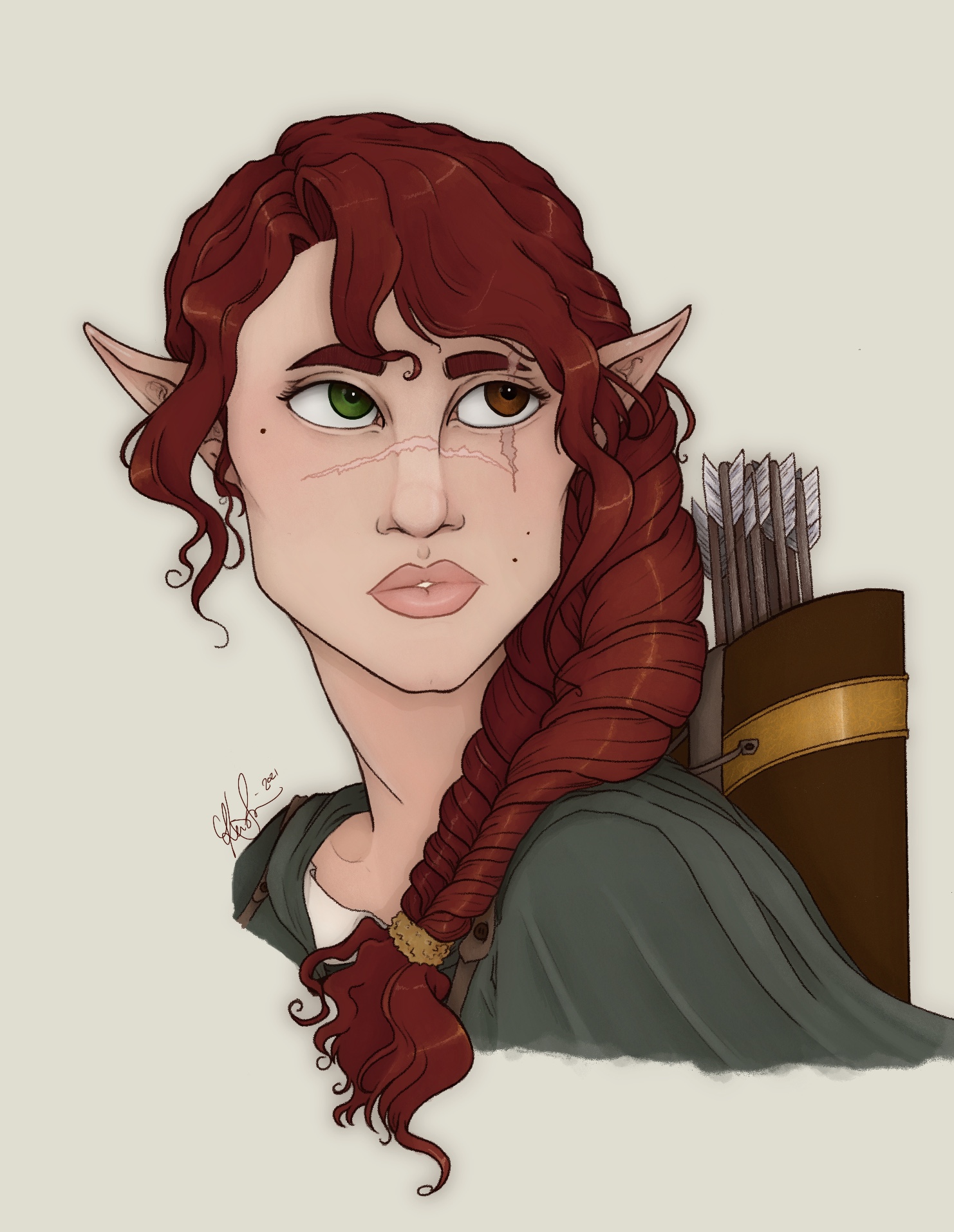 portrait of young woman with dark red hair, green and brown eyes, carrying a bow and arrow