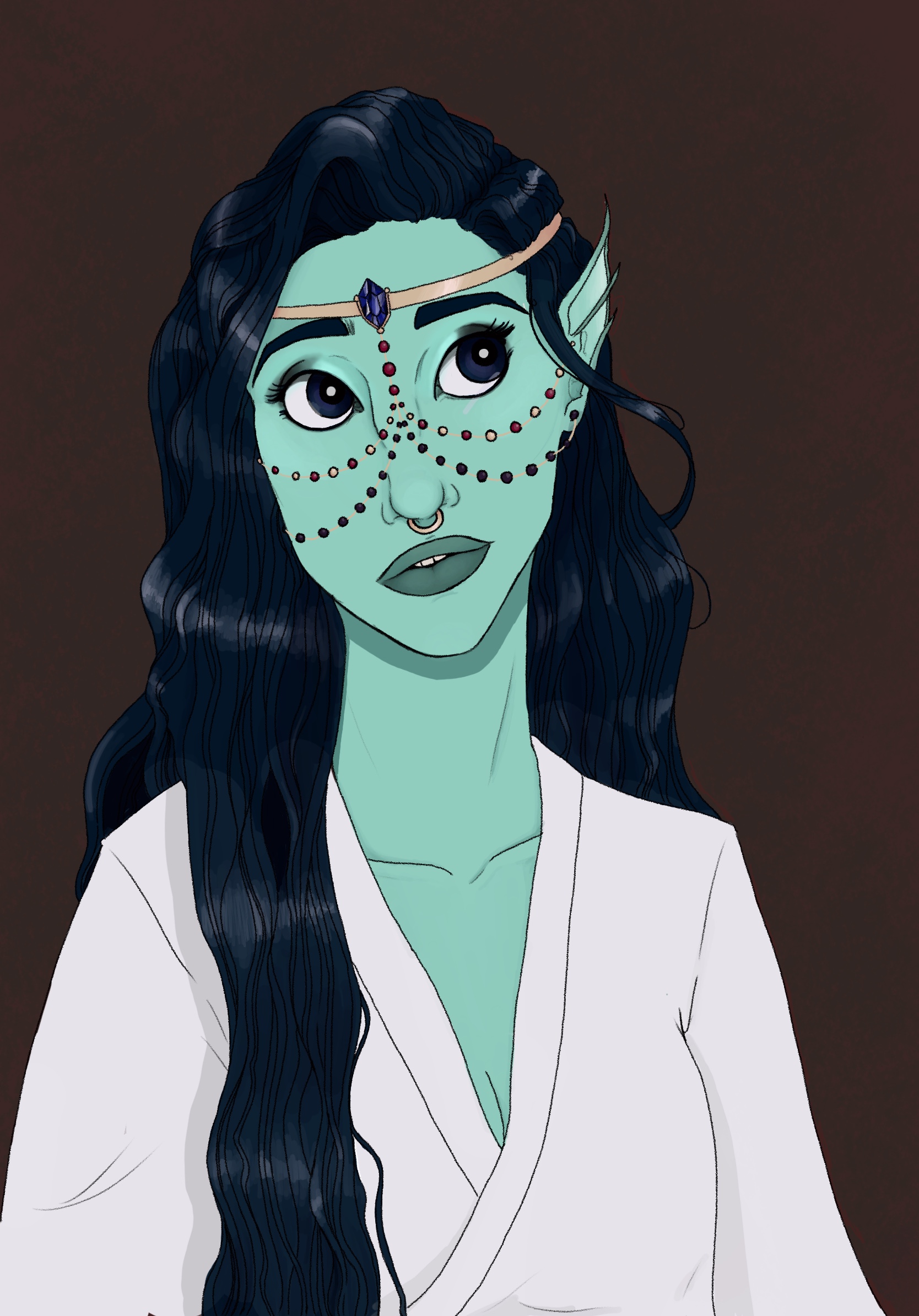portrait of a woman with large eyes and blue hair and skin