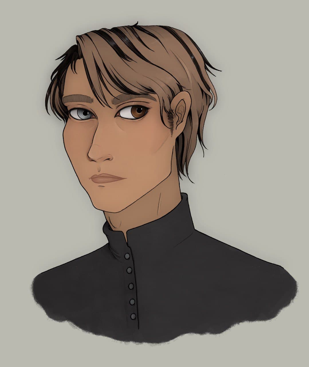 portrait of young man with tan skin and brown and black hair, with silver and brown eyes