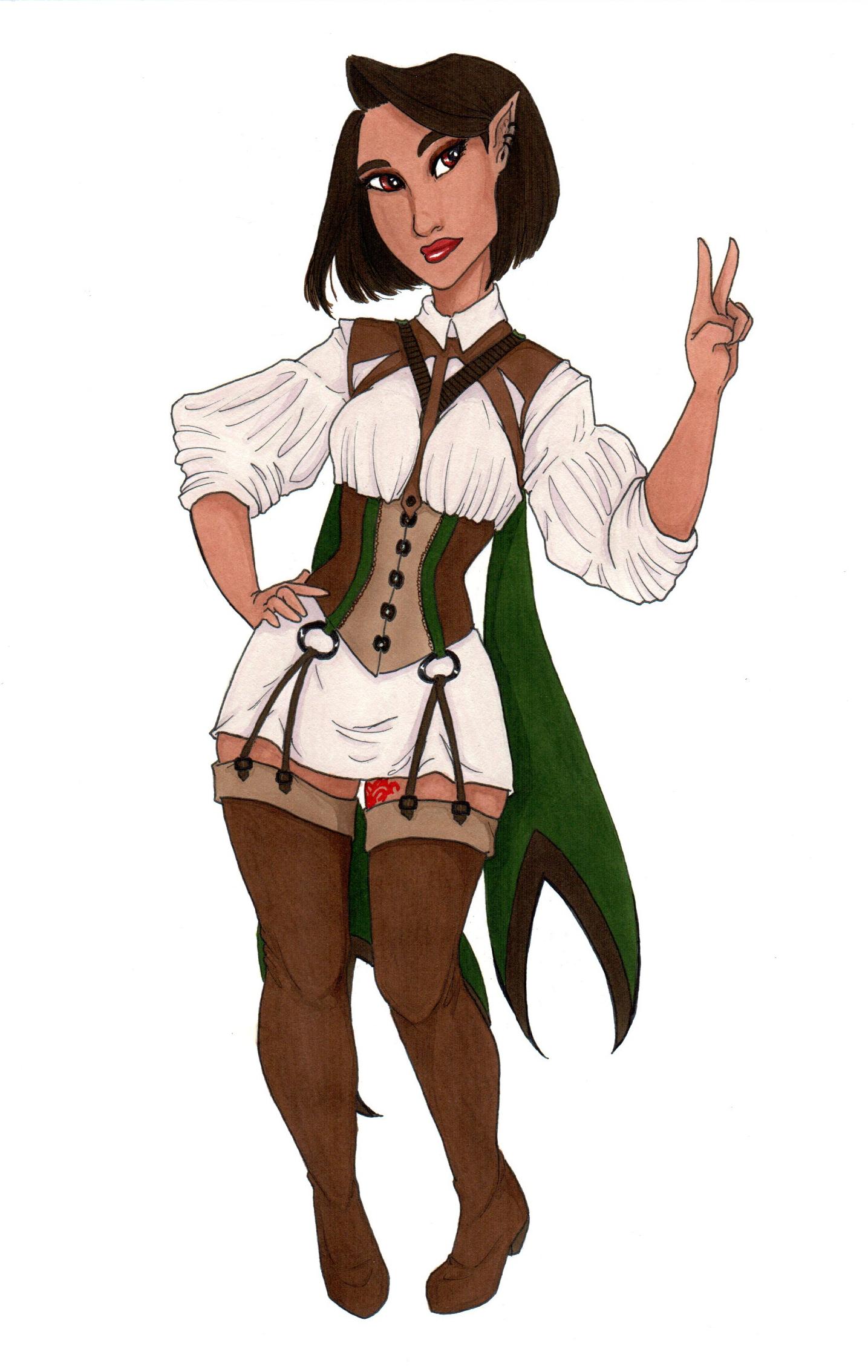 full body portrait of a tan woman with dark hair cropped to her chin