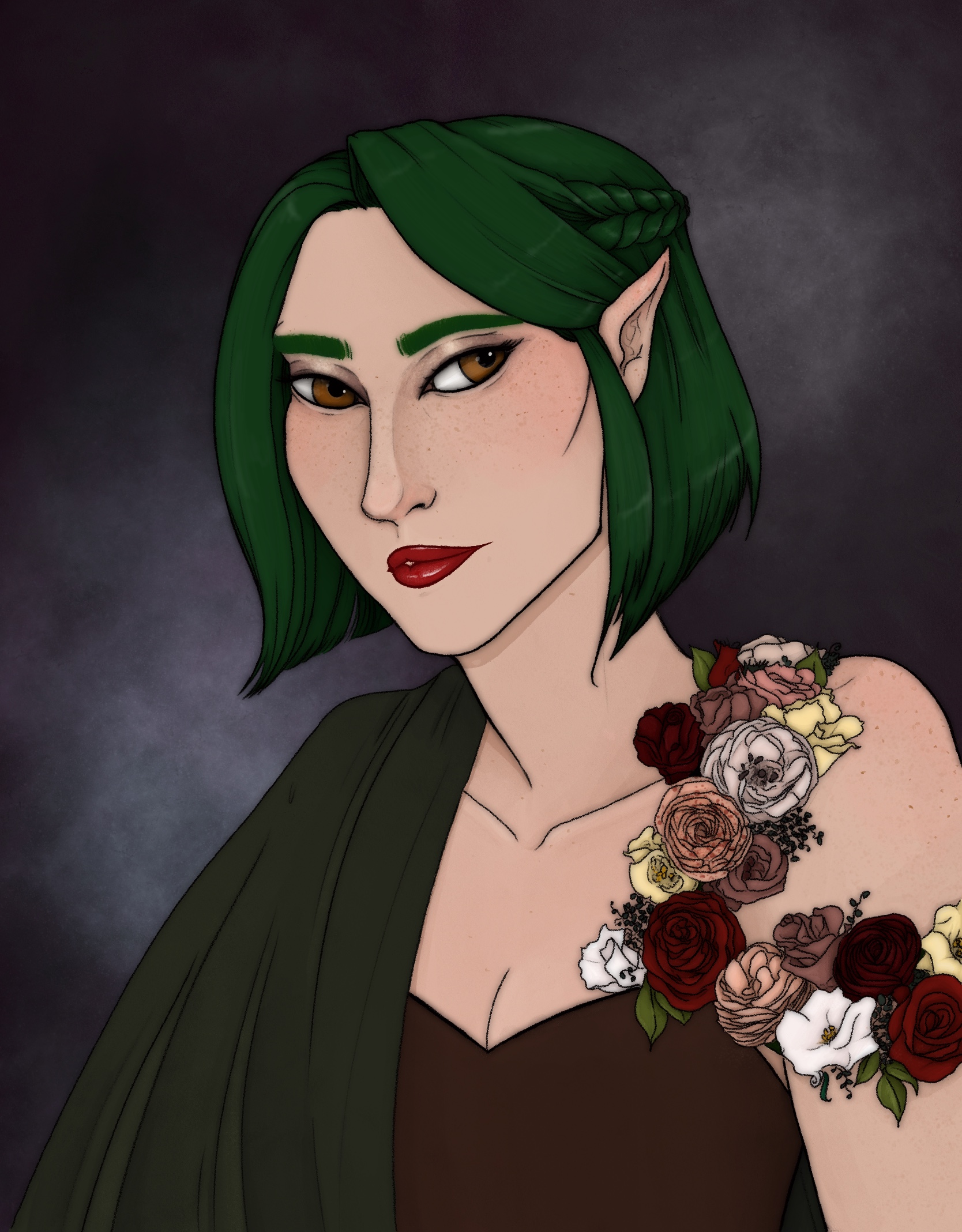 Woman with dark green hair wearing a cloak and flowers