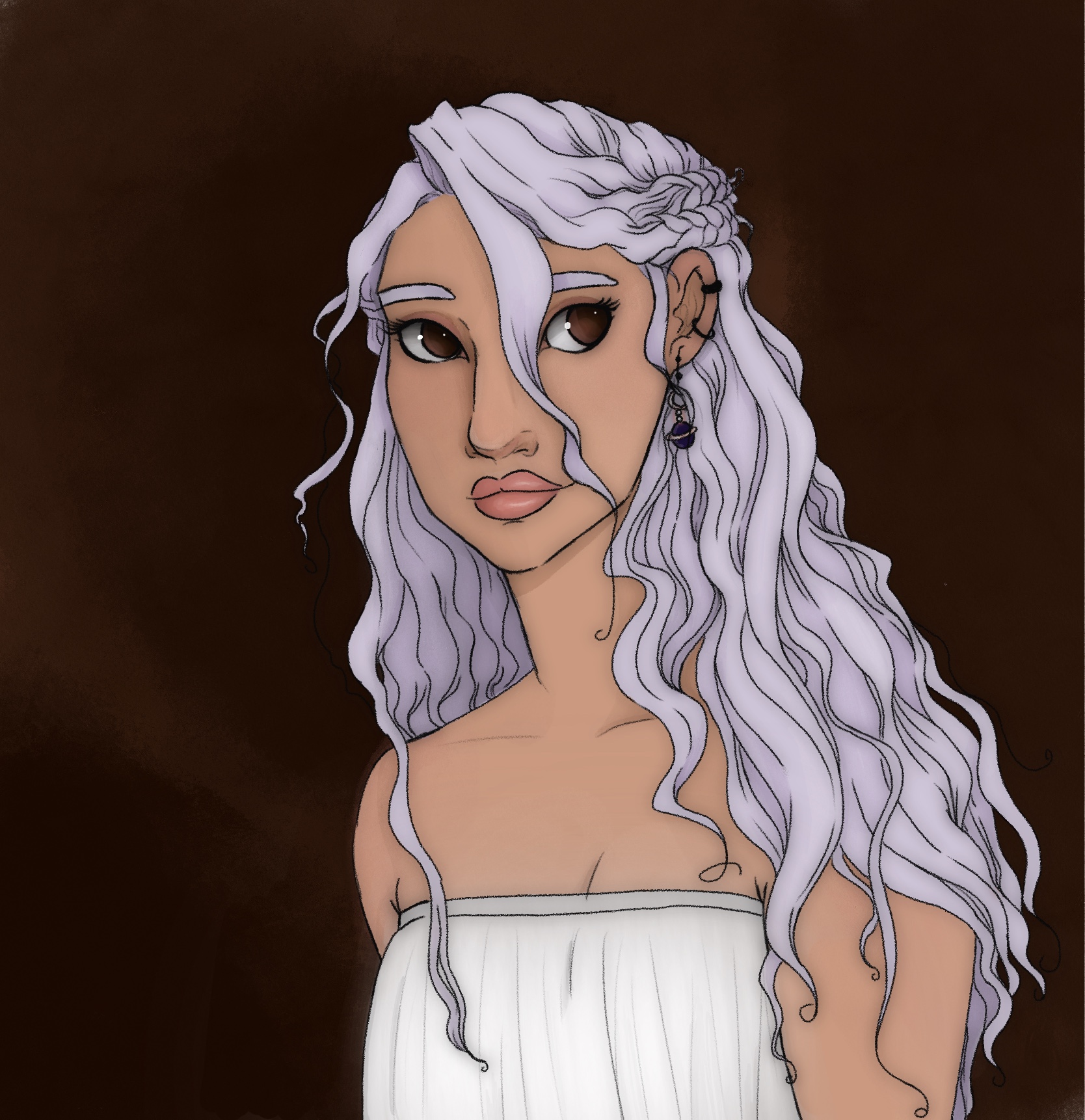 portrait of a young woman with light purple hair and brown eyes