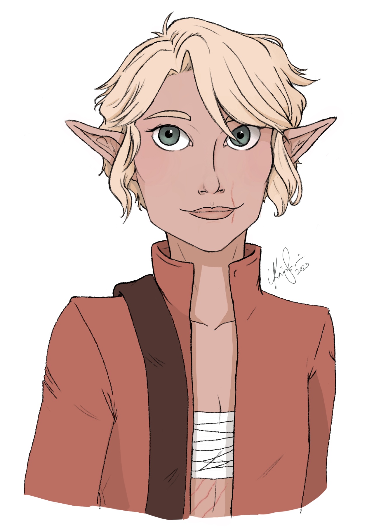 portrait of an androgynous person with short blonde hair and scars on their chest