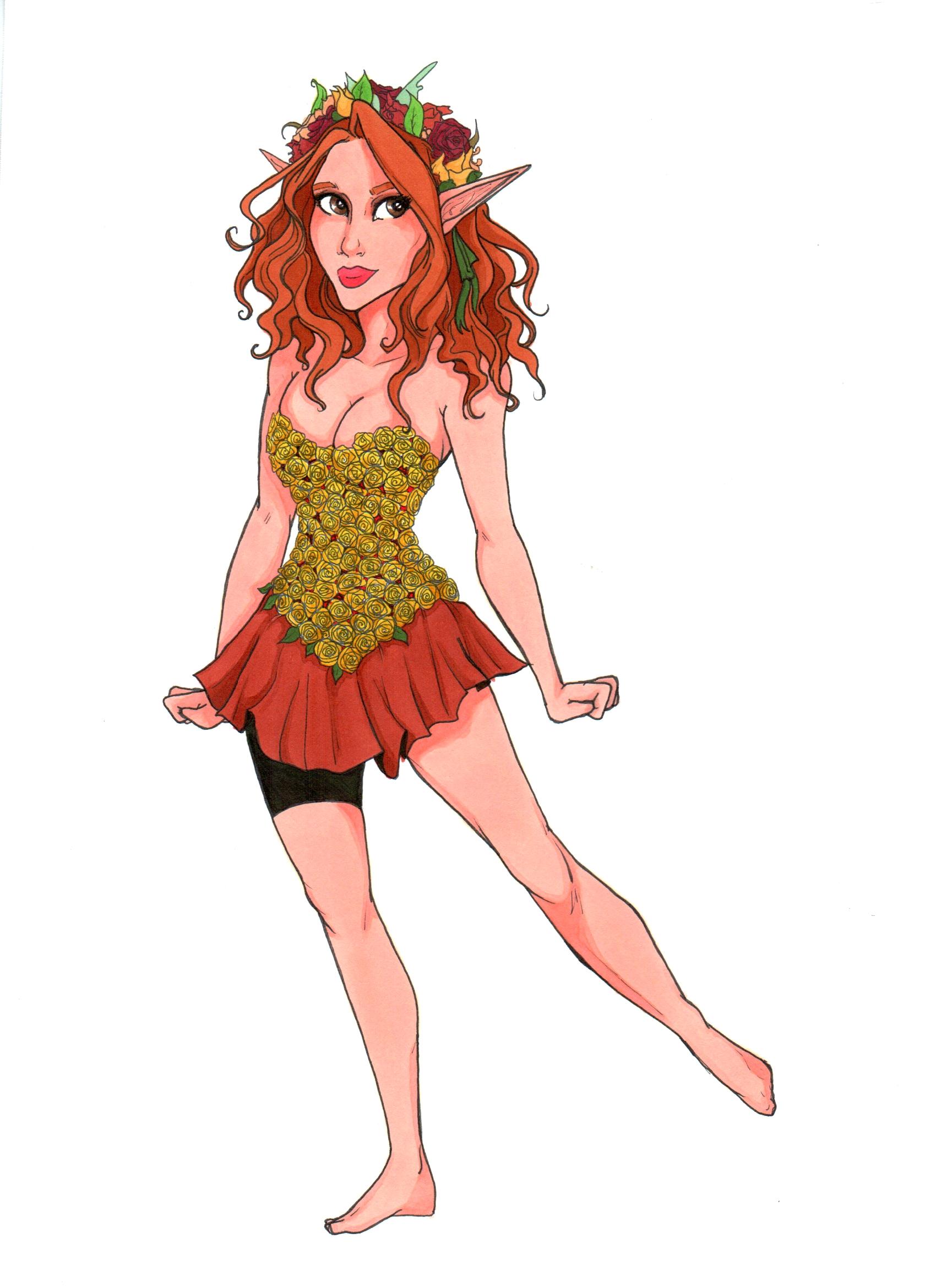 full body portrait of an elf wearing a corset made of yellow roses