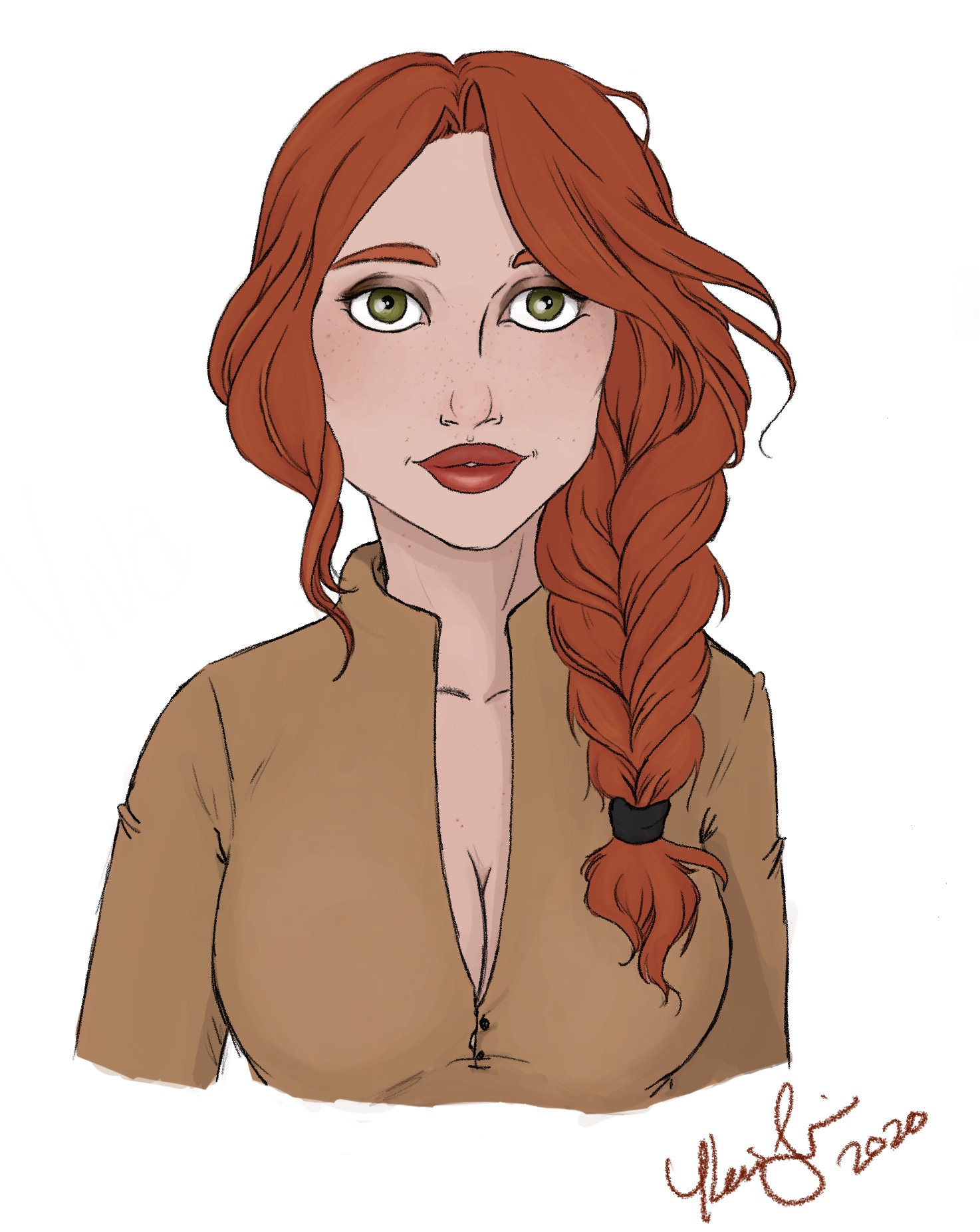 portrait of a young woman with red-orange hair and green eyes