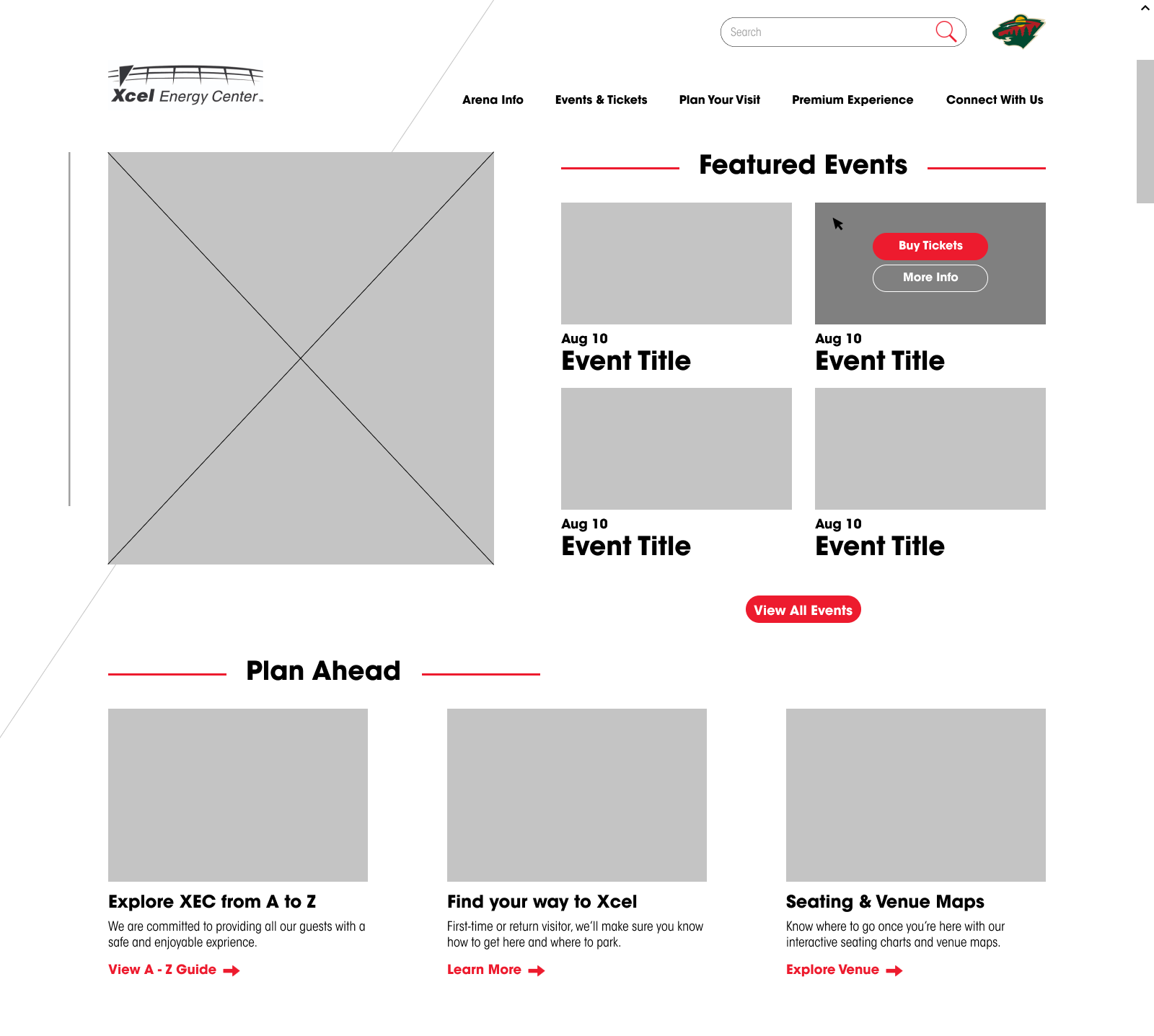 lo-fidelity wireframe of a proposed homepage for arena website